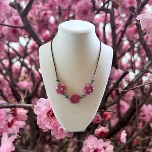 Cute Handpainted Mulberry Pink Porcelain Polka Dot Beaded Necklace